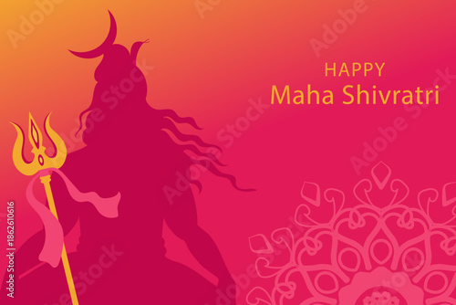 Meditating Shiva, silhouette, deity with trident and
crescent moon. Vector illustration of Hindu festival.