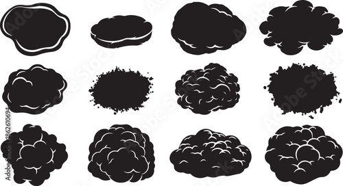 A collection of black cloud shapes on a white background