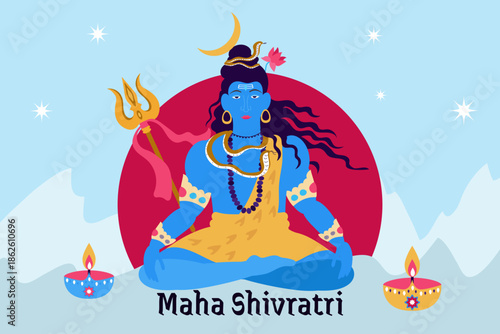 Happy Maha Shivratri . Colored background of hindu festival with illustration  lord Shiva .  Vector illustration in flat style 