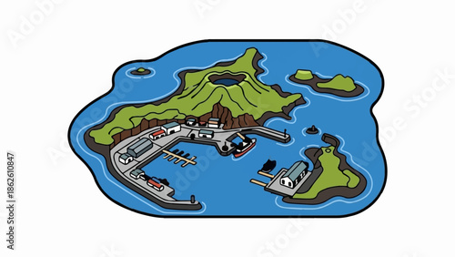 A colorful cartoon-style overhead view of a volcanic island with a small harbor town and surrounding islets
