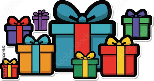 A colorful collection of cartoonish gift boxes with ribbons and bows, scattered playfully on a white background