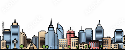 A colorful, hand-drawn vector cityscape featuring a variety of buildings, skyscrapers, and small trees