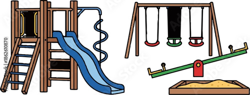 A colorful illustration of playground equipment including a slide, swings, seesaw, and sandbox