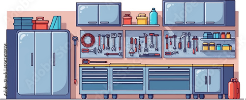 A colorful, organized cartoon garage or workshop with various tools, cabinets, and storage solutions