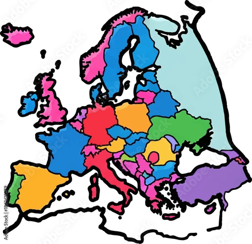 A colorful, stylized political map of the European continent, showing distinct countries with vibrant hues