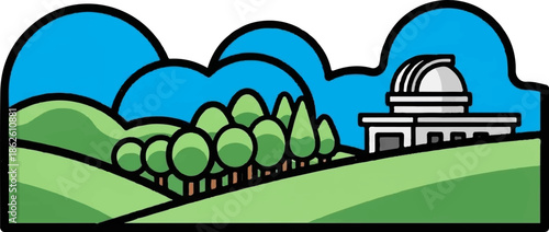 A colorful, stylized landscape illustration featuring rolling green hills, a line of trees, and an observatory