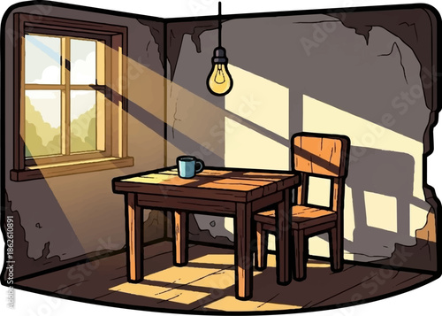 A cozy, sunlit room with a wooden table, a chair, and a single mug, illuminated by a window