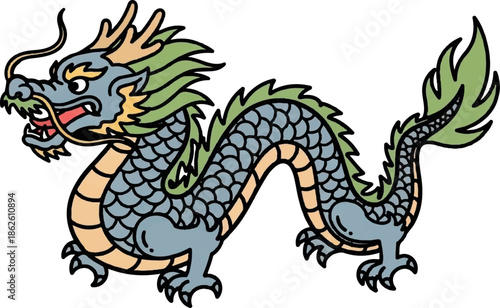 A colorful, traditional style illustration of a fierce mythological dragon in blue, green, and orange