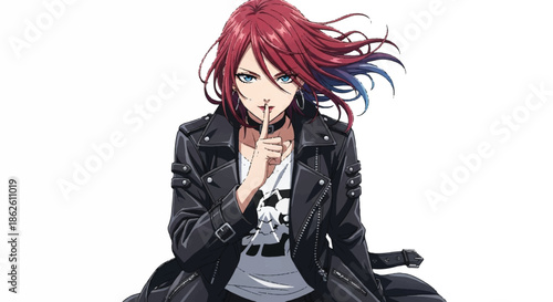 Stylish anime girl with red hair wearing a black leather jacket making a shushing secret sign