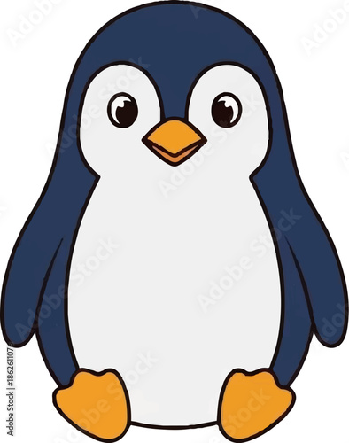A cute, simplified cartoon penguin illustration with a dark blue body, white belly, orange beak, and feet