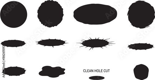 A collection of black hole cut shapes on a white background
