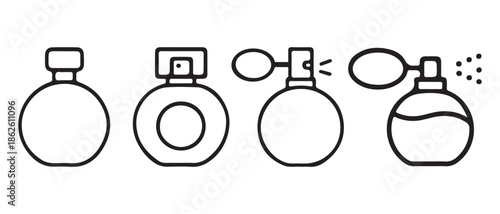 Perfume Bottles Icon Set. Vintage Atomizer Sprayer, Modern Dispenser, Spraying Liquid.