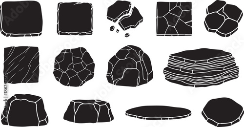 A collection of black stone textures on a white background