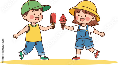 Happy kids eating ice cream cartoon vector illustration with smiling boy and girl enjoying summer treat