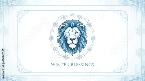 Digital illustration of a lion's head with a blue and white color scheme and snowflake designs on a winter-themed card with the words 'Winter Blessings'.