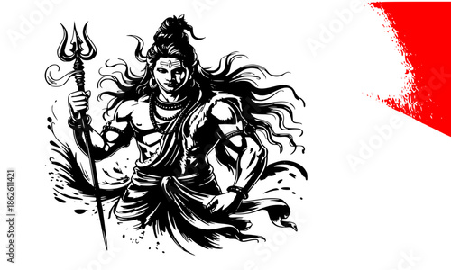 Lord Shiva Standing with Trishul Illustration, Powerful Black Ink Brush Style Mahadev with Flowing Hair Snake and Third Eye on Red White Background, Dynamic Hindu God Vector Art for Spiritual Poster 