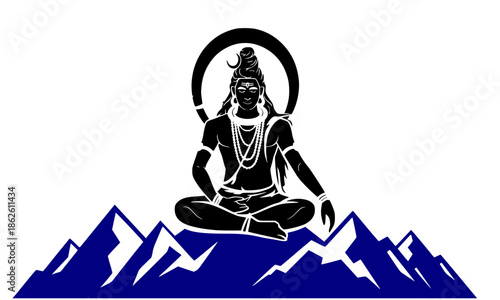 Lord Shiva Meditating on Himalayas Silhouette Illustration, Serene Black Shiva in Lotus Pose with Halo on Blue Mountain Range, Powerful Hindu God Mahadev Vector Art for Spiritual Yoga Poster Maha Shiv
