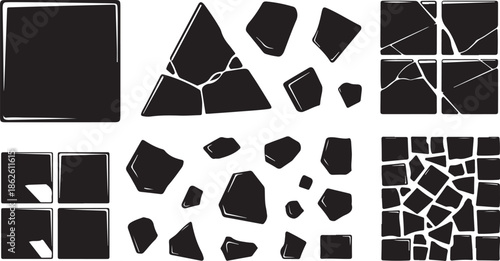 A collection of broken glass and cracked tile illustrations