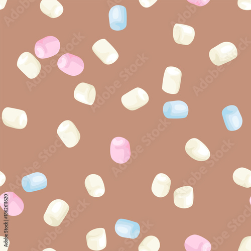 Marshmallow in cocoa seamless pattern. Marshmallow texture brown background. Hot chocolate. Vector cartoon flat illustration.