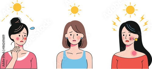 Heat illness symptoms cartoon vector illustration showing sunstroke headache and overheating effects on women