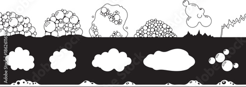 A black and white illustration of clouds and bubbles