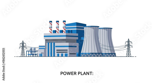 Isometric illustration of a modern power plant with cooling towers and transmission lines