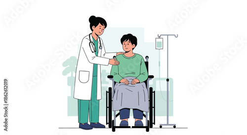 A doctor examines a young patient in a hospital room setting