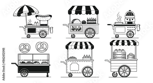 Black and white illustration of various food carts and street food options