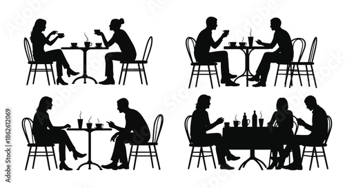 Silhouettes of people enjoying meals and conversation at outdoor cafes