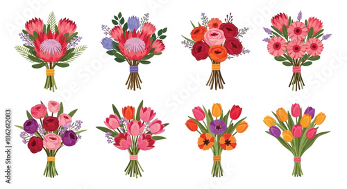 Colorful floral bouquets arrangement featuring protea roses tulips and other blossoms