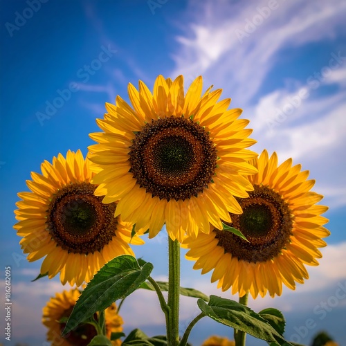 Three vibrant sunflowers bask in sunlight against a bright blue sky filled with fluffy white clouds, showcasing nature's beauty