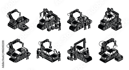 Isometric illustrations of various robotic arms and industrial automation systems