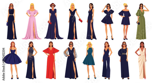 Diverse group of women showcasing elegant evening dresses and formal attire
