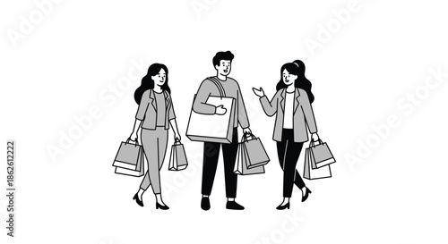 Three people walking and shopping with bags a black and white illustration