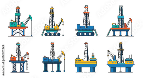 Illustration of various offshore oil and gas drilling platforms and structures