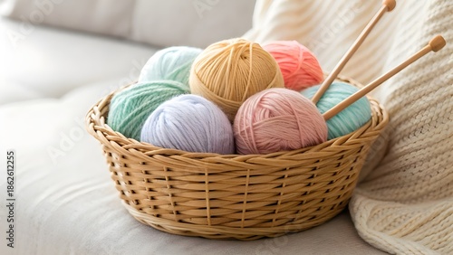 Basket Filled with Yarn Balls and Knitting Needles, Soft Home Texture Scene Capturing Creativity, Comfort, and the Peaceful Joy of Handcrafted Art and Relaxing Leisure at Home