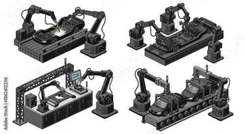 Isometric illustration of robotic arms working on automotive manufacturing assembly lines