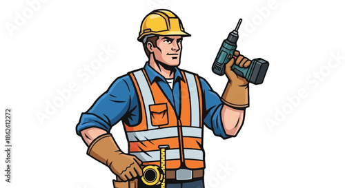 Male construction worker in safety vest and hard hat holding an electric drill