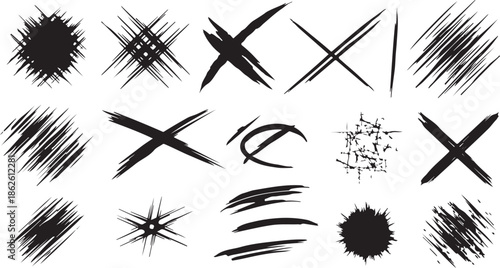 A collection of black brush strokes and marks on a white background