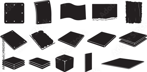 A collection of black paper icons on a white background