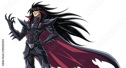 Dark anime warrior character with long black hair and demonic armor standing in powerful pose