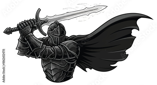 Black knight in full plate armor holding a sword upwards in defensive stance illustration