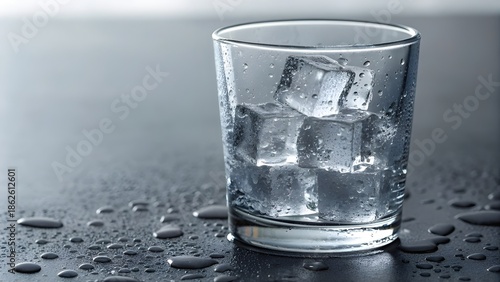 Melting Ice Cubes in Glass on Table with Macro Condensation, Refreshing Close-Up Scene Capturing Cool Texture, Transparency, and the Beautiful Ephemeral Moment of Chill and Clarity