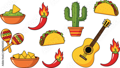 Mexican Food And Culture Icon Set With Tacos Nachos Chili Guitar Cactus Illustration