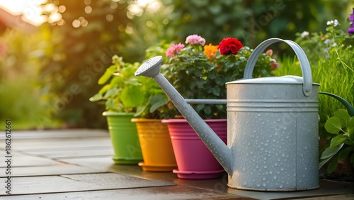 Garden Watering Can Beside Flower Pots in Fresh Morning Light, Realistic Outdoor Scene Celebrating Growth, Renewal, and the Peaceful Simplicity of Everyday Gardening Joy