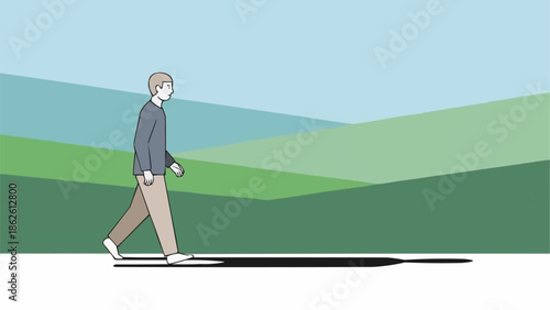 Man walking outdoors in a stylized landscape with rolling hills.