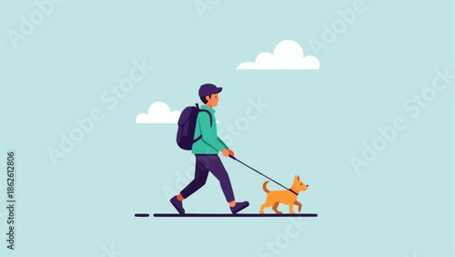 Man walking small dog on leash outdoors with backpack.