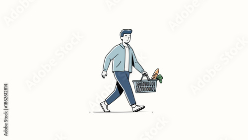 Man walking with a shopping basket full of groceries.