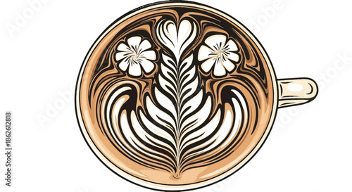 Intricate floral and heart pattern coffee latte art in a cup with professional barista design