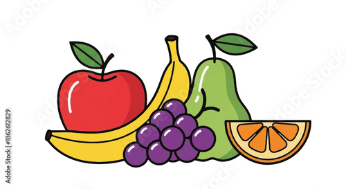 Healthy fruit mix with apple banana pear grapes and orange slice illustration for nutrition
